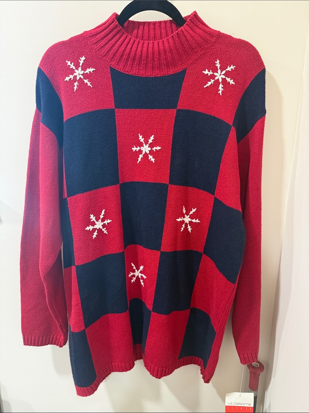 90’s Liz Claiborne Red & Navy Checker Snowflake Knit long Sweater